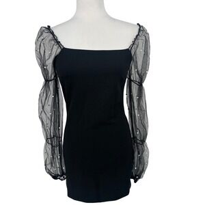 Thirty/Thirty‎ Mini Dress M Black Sheer Pearl  Bodycon Party Cocktail Romantic